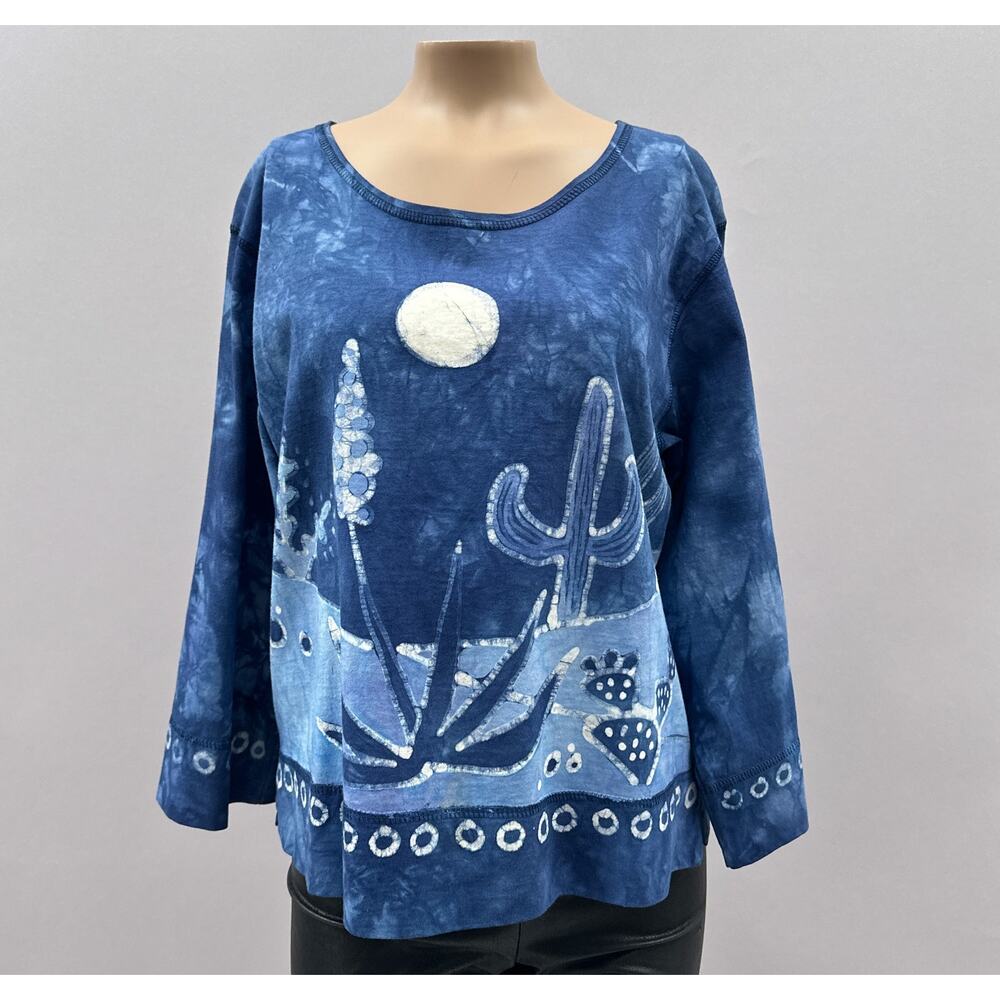 Grebe Batik Top Women SM Blue Desert Cactus Hand Painted Art to Wear 3/4 Sleeve